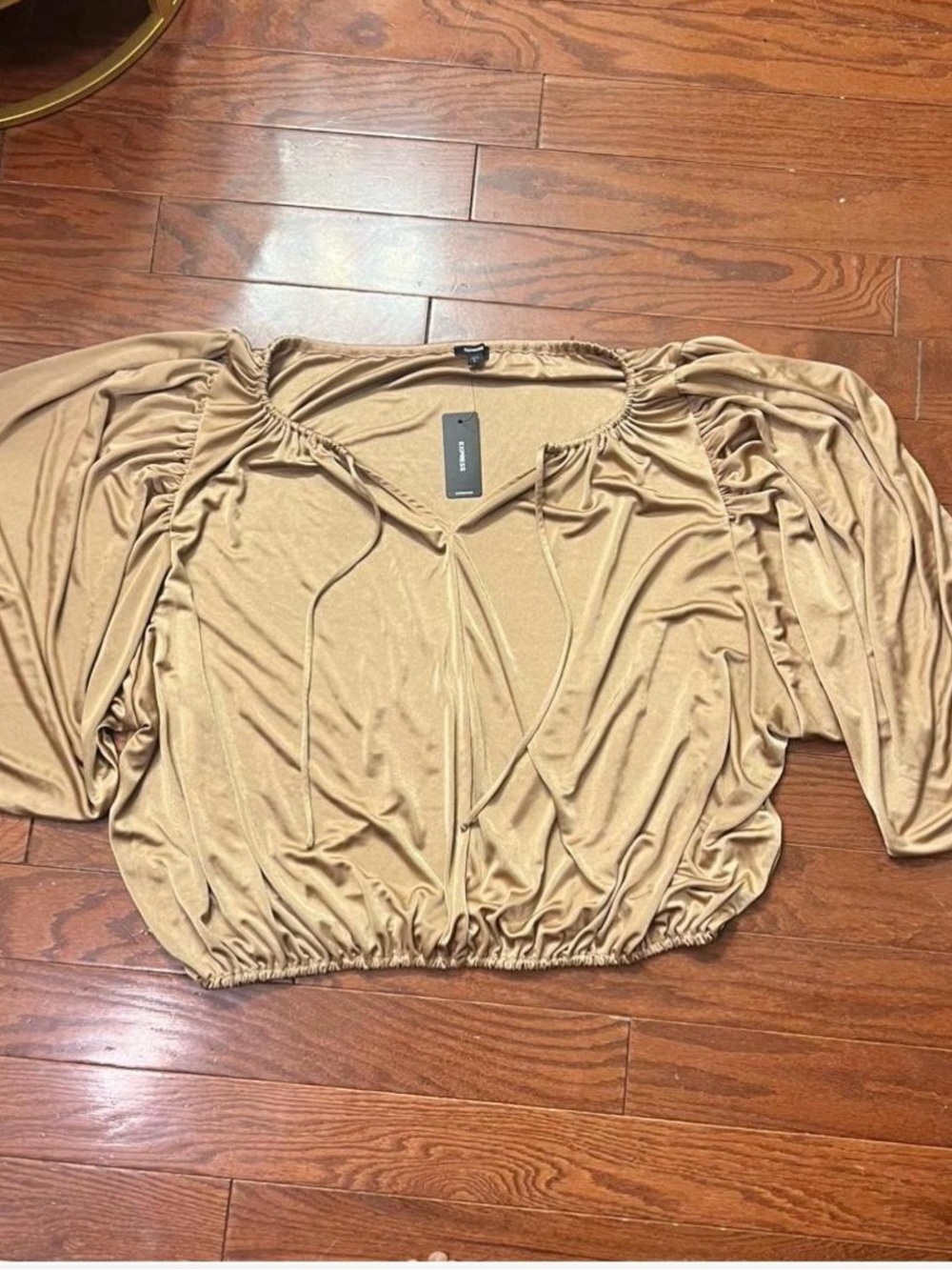 Express Tan Ruched Tie-Front Crop Top